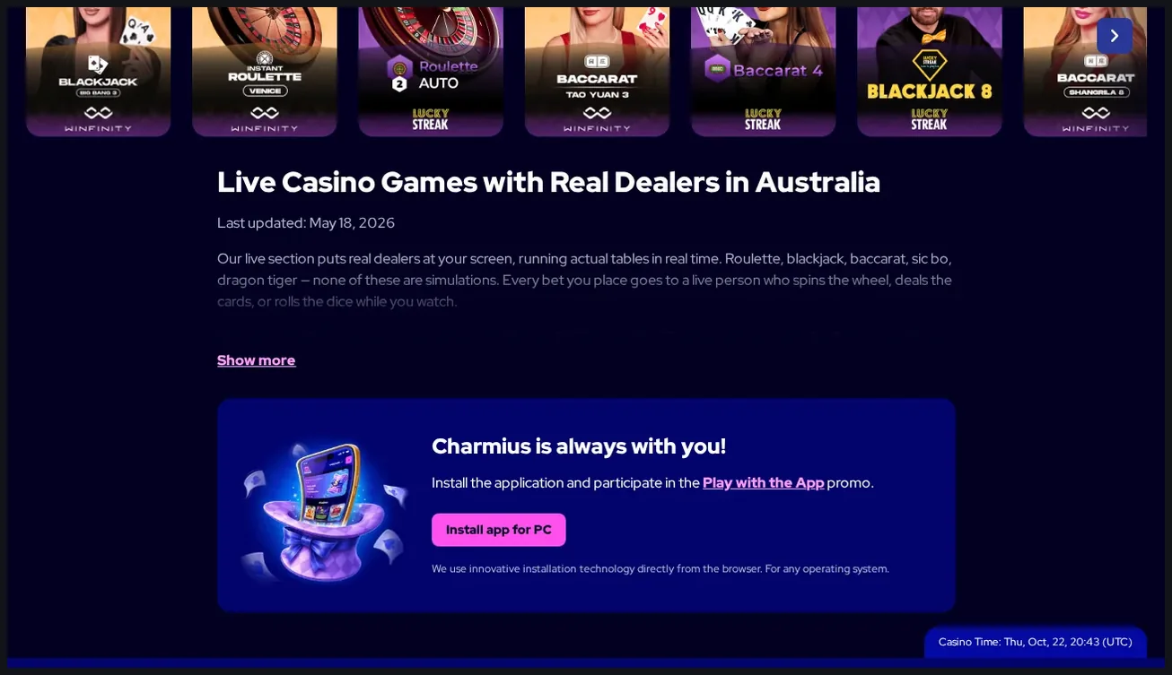 Charmius Live casino lobby, Grid of live dealer game cards with "Blackjack", "Roulette", "Baccarat" titles, 22.10.2026