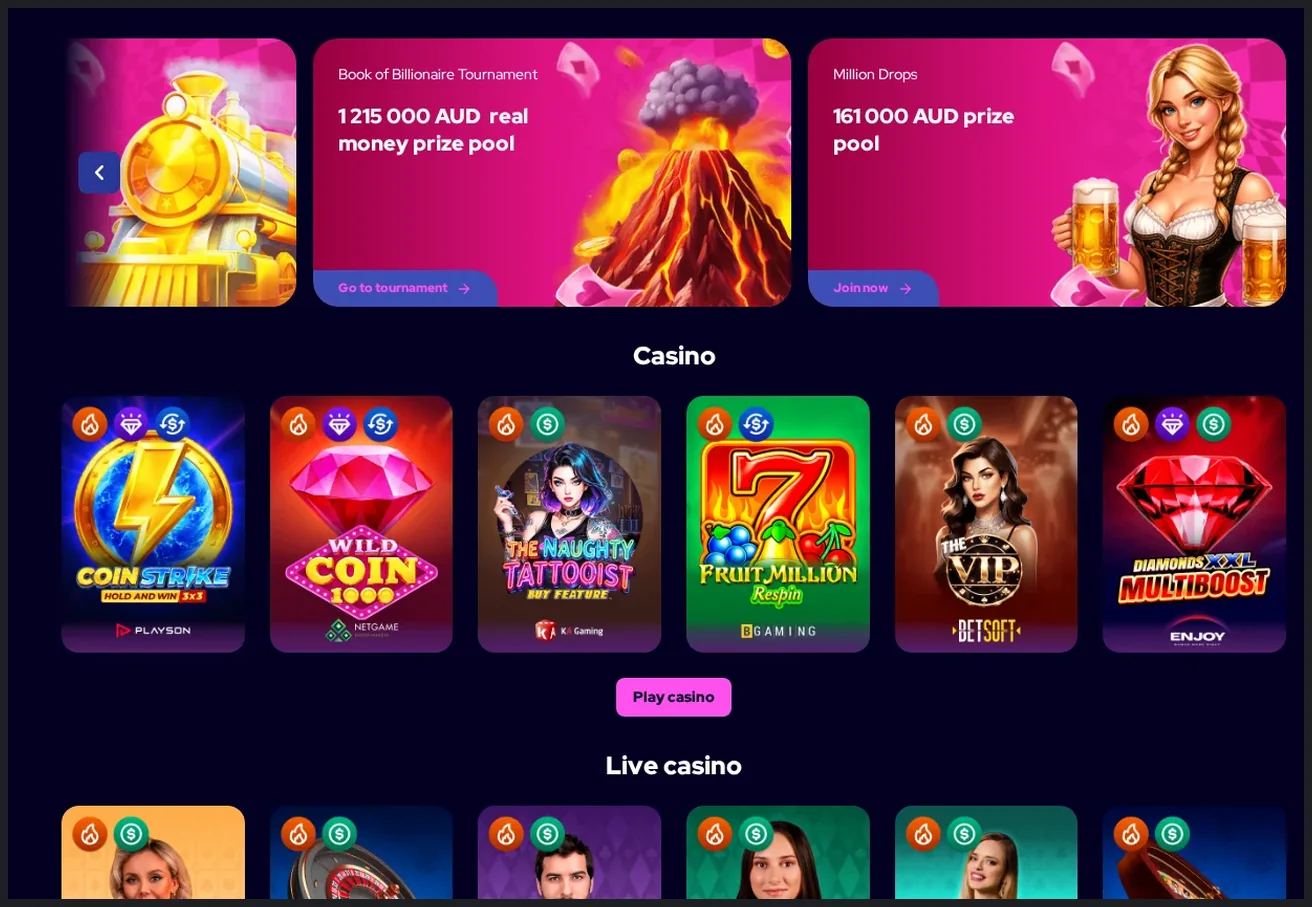 Charmius Home page with promotions, "Book of Billionaire Tournament" banner and casino game grid, 22.10.2026