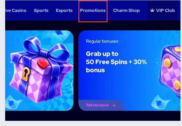 Charmius Promotions page, "Promotions" tab with bonus offer card, 22.10.2026
