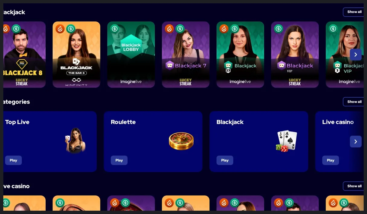 Charmius live casino lobby, grid of live blackjack games and category cards with "Play" buttons, 22.10.2026