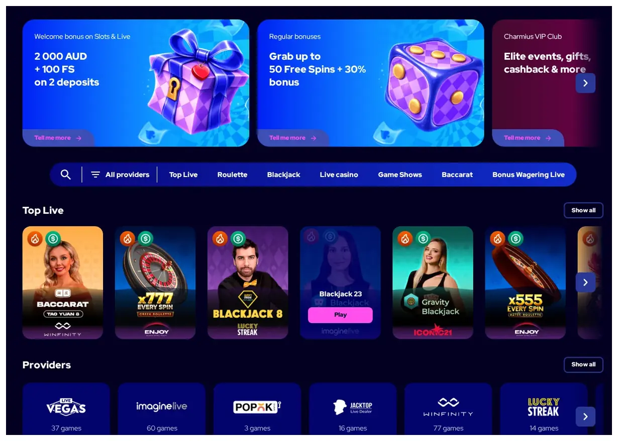 Charmius live casino lobby, "Top Live" dealer game grid with 6 thumbnail tiles, 22.10.2026
