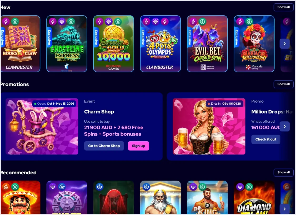 Charmius casino games homepage, grid of slot game cards with "Books & Claw", "Ghostline Express", "4 Pots Olympu, 22.10.2026