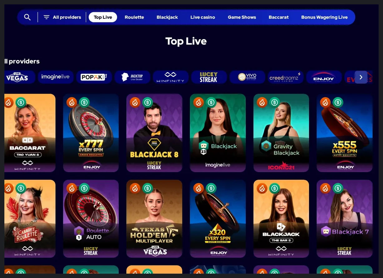 Charmius live casino lobby, grid of live game cards with "Baccarat", "Blackjack", "Roulette" titles, 22.10.2026