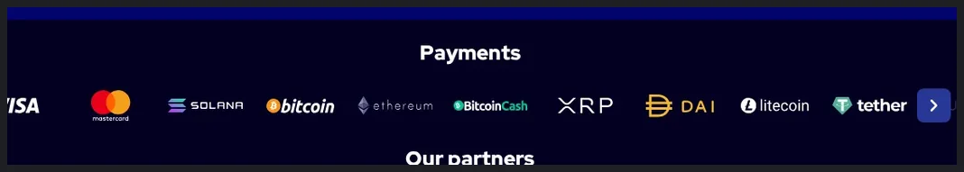 Charmius Payments methods page, Row of payment provider logos including Visa, Mastercard, Solana, Bitcoin, Ether, 22.10.2026