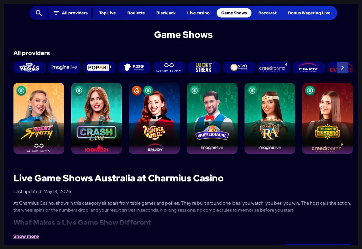 Charmius live game shows lobby, grid of "Game Shows" cards with dealer photos and game titles, 22.10.2026