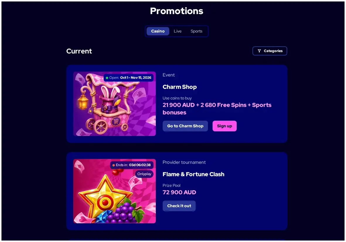 Charmius Promotions page, "Charm Shop" and "Flame & Fortune Clash" promotion cards, 22.10.2026