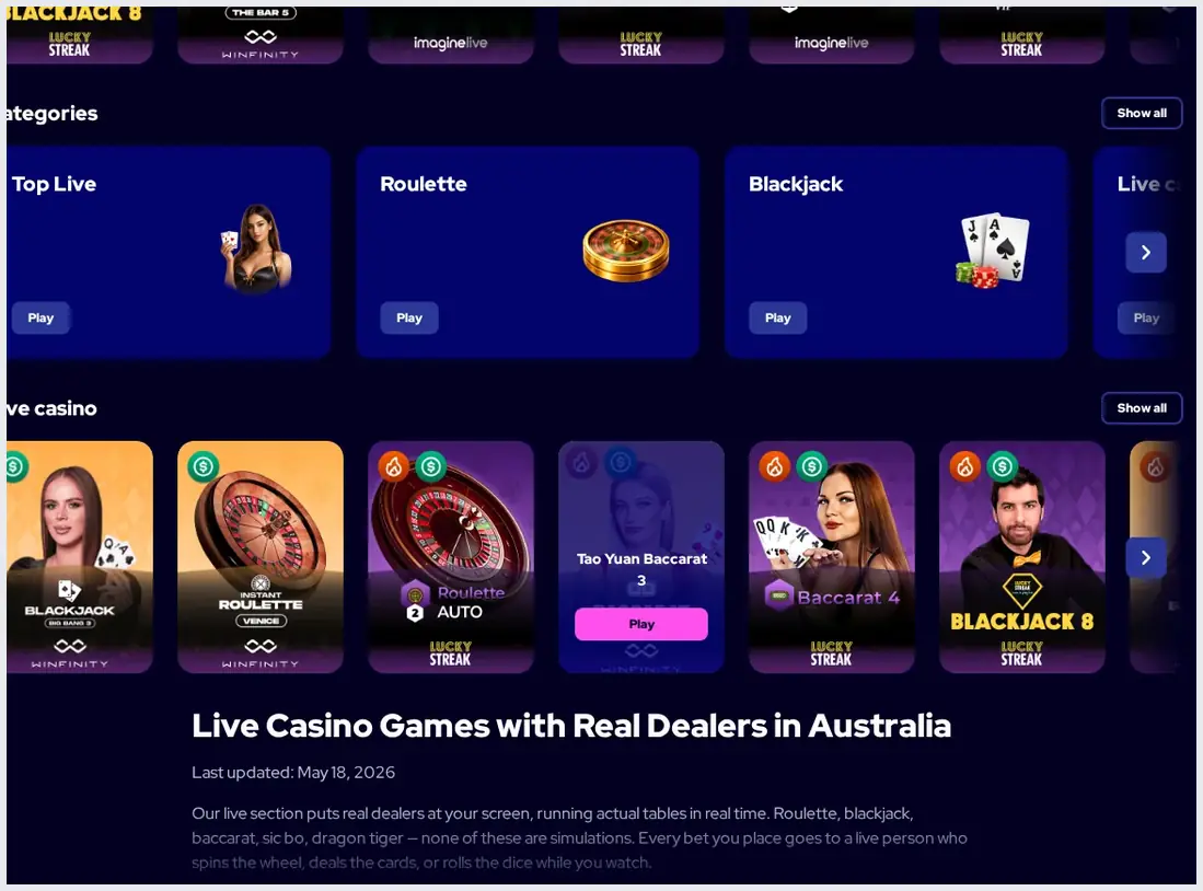 Charmius live casino lobby, grid of "Live Casino Games with Real Dealers in Australia", 22.10.2026