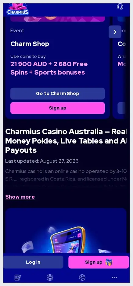 Charmius mobile home page, "Go to Charm Shop" and "Sign up" buttons, 22.10.2026