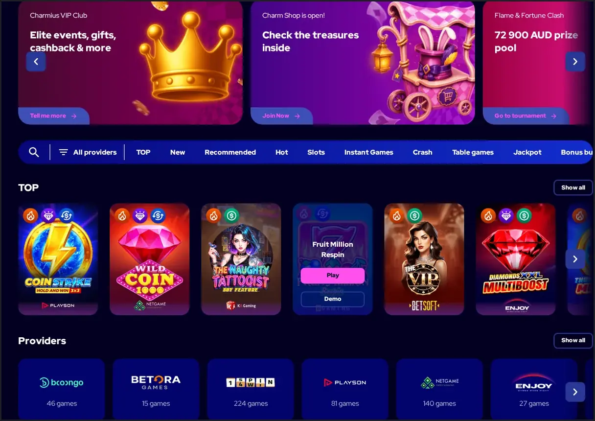 Charmius popular slots lobby, "TOP" games grid with 6 slot cards, 22.10.2026