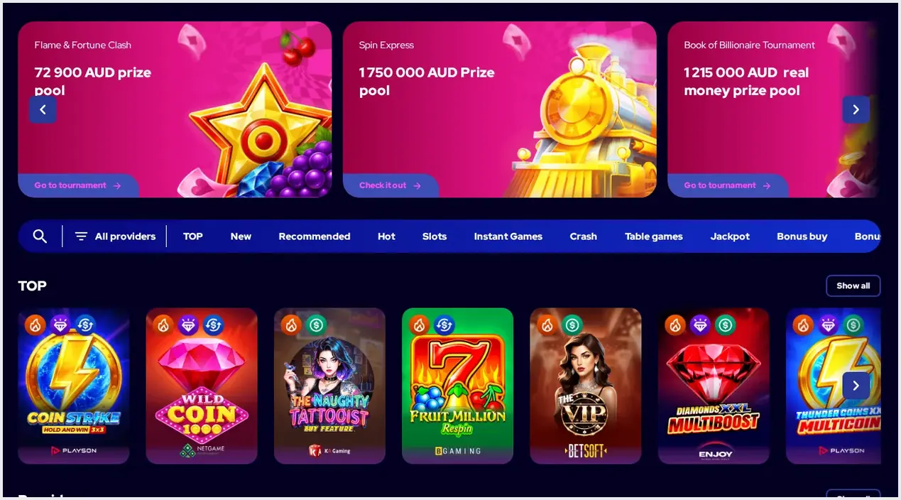 Charmius games category page, "TOP" slot games grid with 7 game cards, 22.10.2026